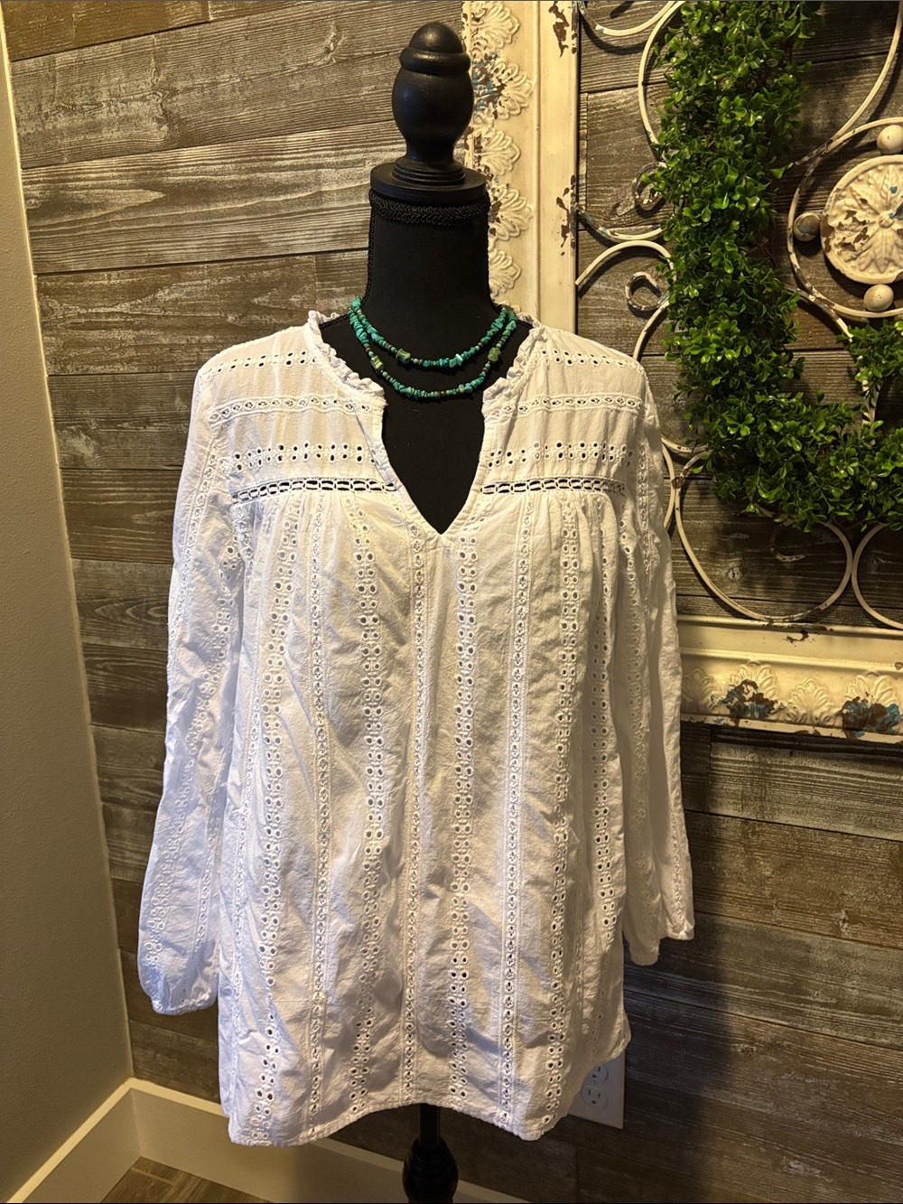Style & Co (M) Women’s White Eyelet Peasant Lined Blouse